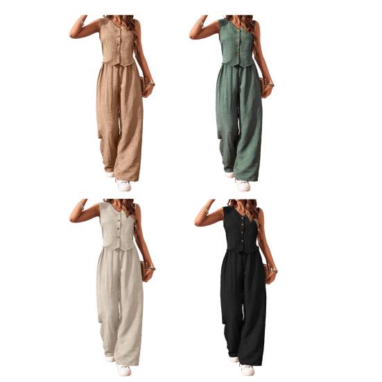 Women's Summer Two Piece Outfit Sleeveless V Neck Button Down Vest High Waist Wide