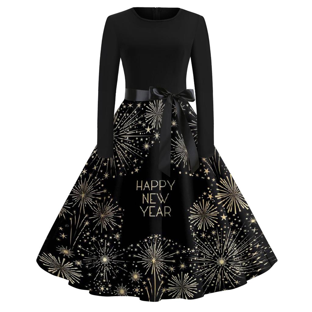 Women's Casual Fashion Round Neck Long Sleeve New Year Printed Retro Dress
