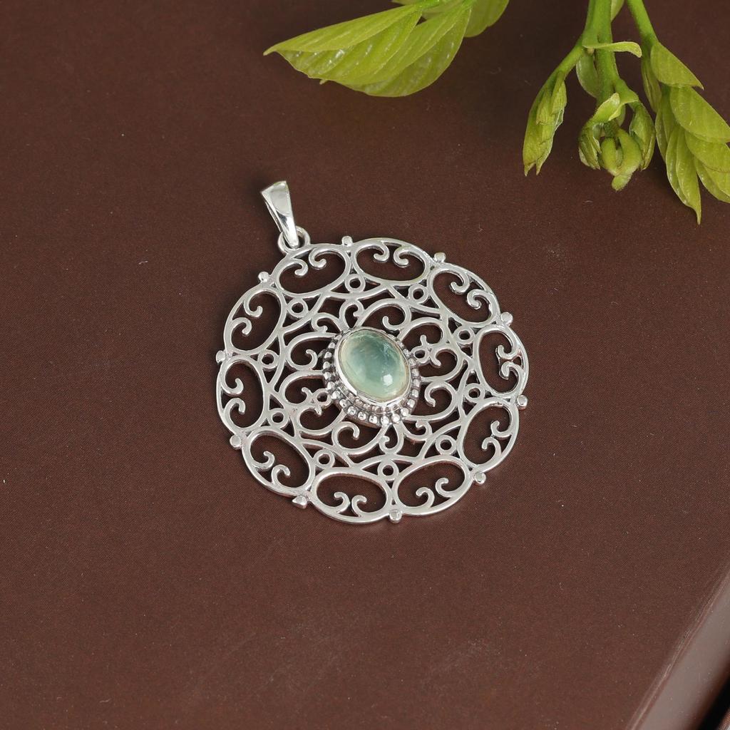 Prehnit Silberanhänger, Filigran-Charm-Anhänger, 925 Sterling Silber Handgefertigter Schmuck, Geschenke für Sie ap7116