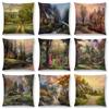 Home Decor Rustic Oil Painting Cushion Cover Beautiful Landscape Castle Lighthouse Sofa Pillow  Bedroom