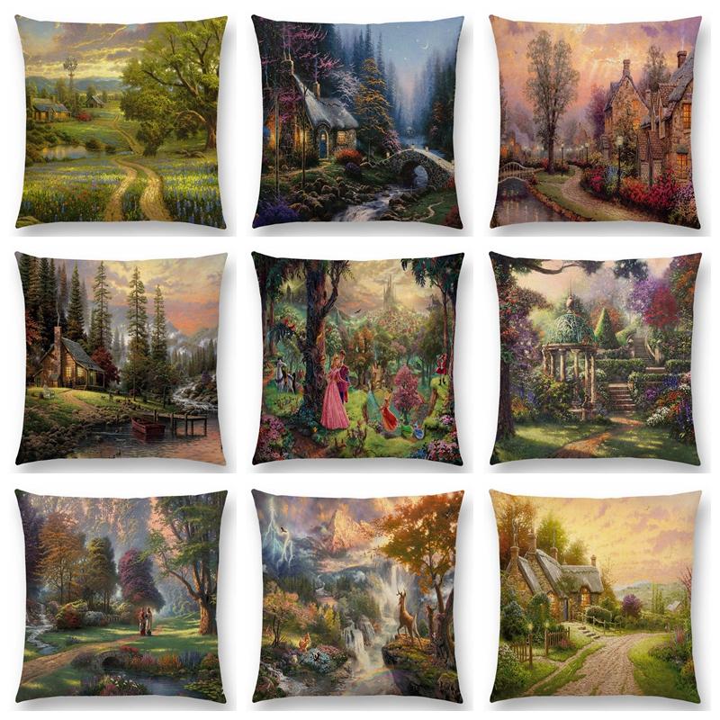Home Decor Rustic Oil Painting Cushion Cover Beautiful Landscape Castle Lighthouse Sofa Pillow  Bedroom