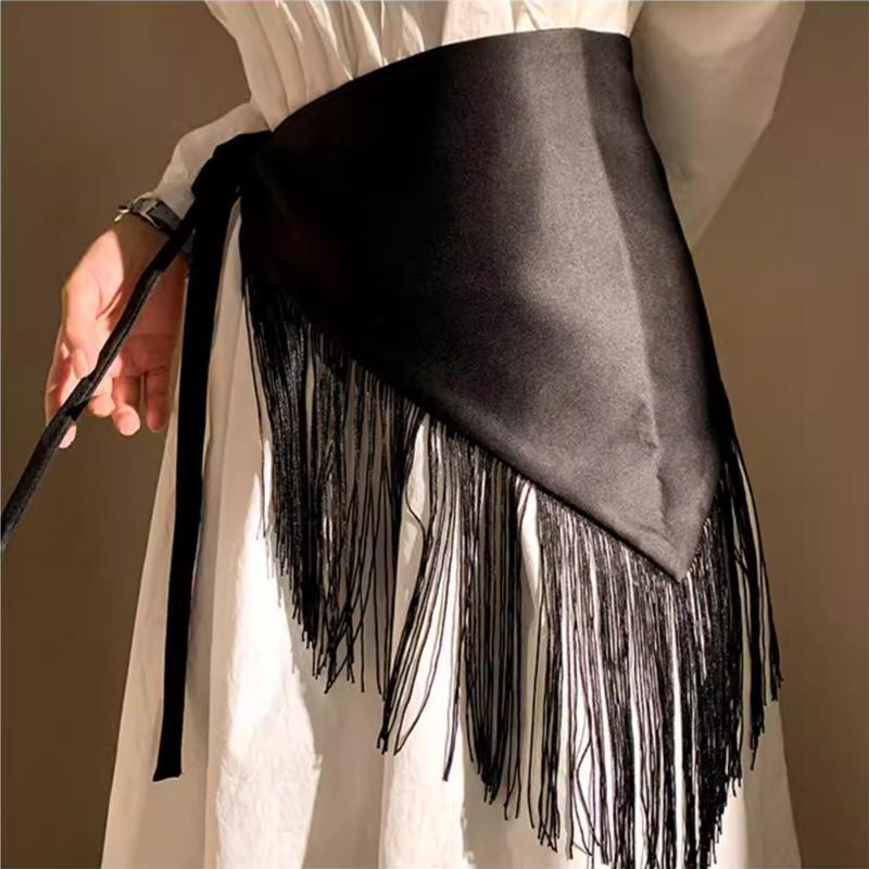 Women Retro Tassel Waist Belt Wide Corset Belt with Triangle Fringe for Shirt Dress Coat Decoration Fashion Accessory