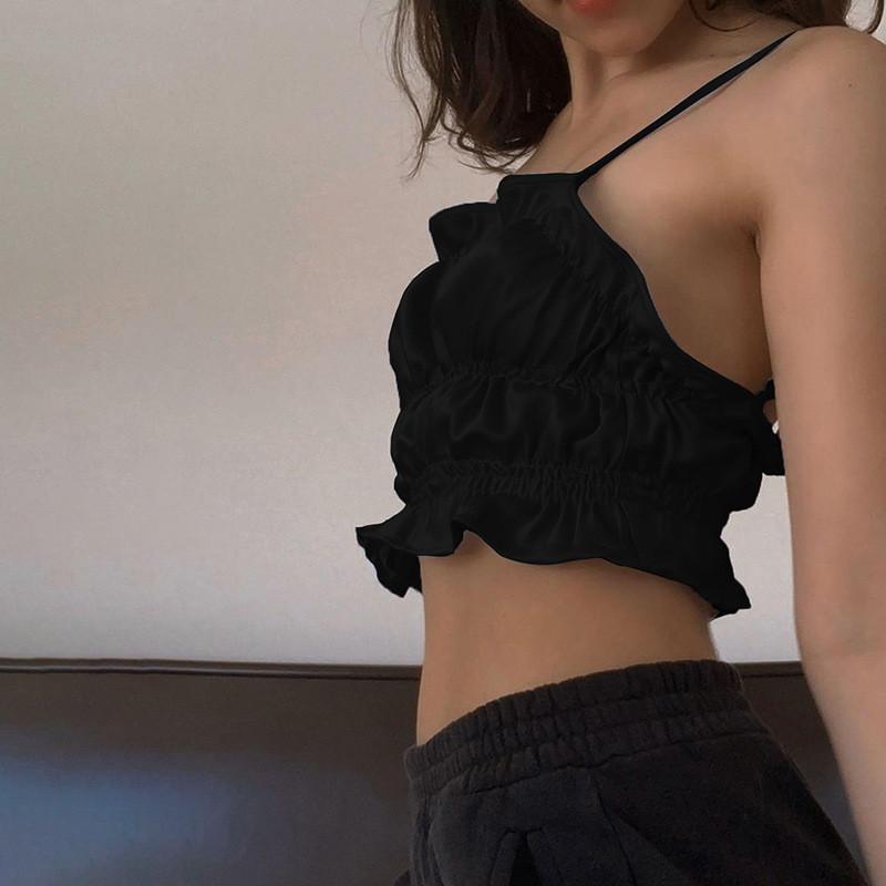 Summer Women Sexy Sling Straps Camisoles Ruched Ruffle Satin Streetwear Strapless Vest Crop tops Solid Slim Backless Club Camis