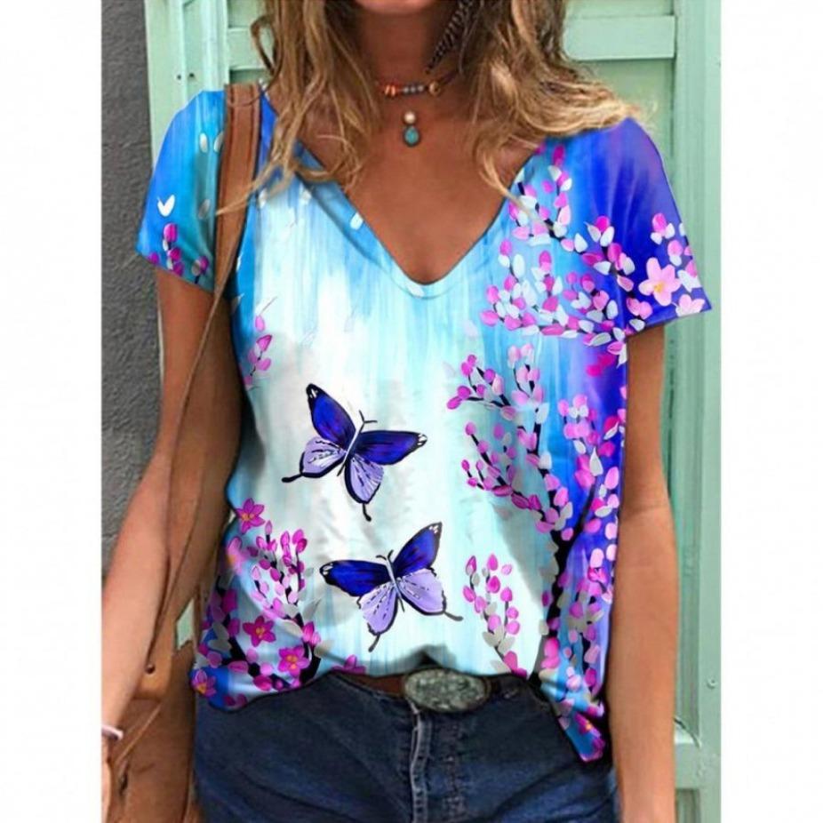 Summer Butterfly Floral T-Shirts 3D Print Women Fashion V-Neck Short Sleeve T Shirt Y2K Casual Tees Harajuku Top Female Clothing