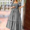 Talla Grande Verano Vestido Largo Estampado a Cuadros con Manga Abullonada para Mujer con Hombros Descubiertos Vestido de Verano Plisado