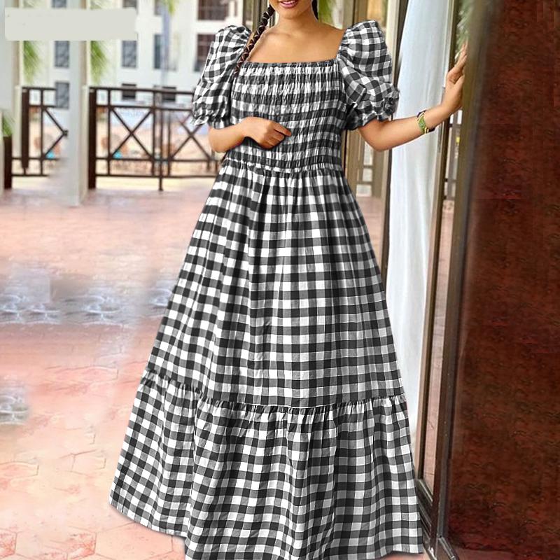Talla Grande Verano Vestido Largo Estampado a Cuadros con Manga Abullonada para Mujer con Hombros Descubiertos Vestido de Verano Plisado