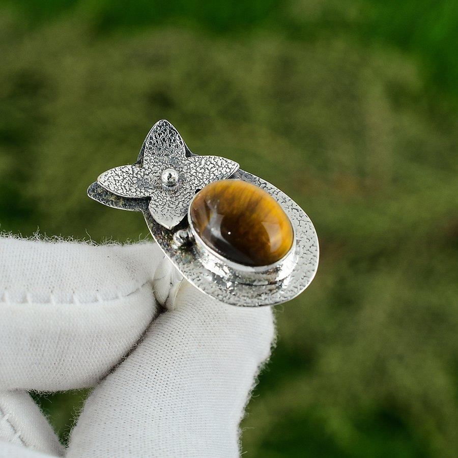 Sterling Silver Oval Natural Tiger Eye Statement Multi Stone Bezel Ring Jewelry Adjustable