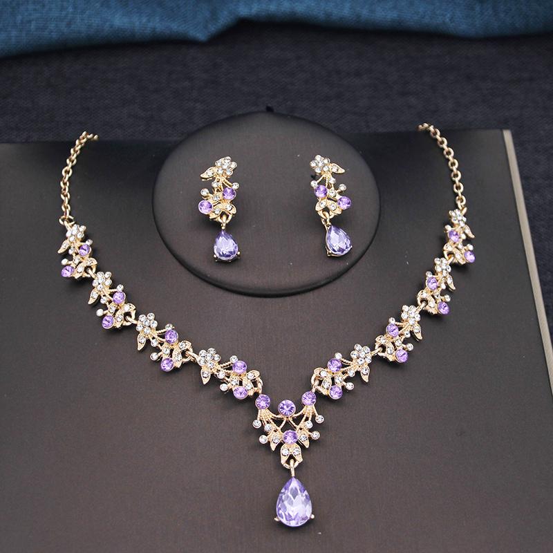 17 Colors Water Drop Purple Bridal Jewelry Sets for Women Party Prom Choker Necklace Earrings Bride Wedding Costume Accessories