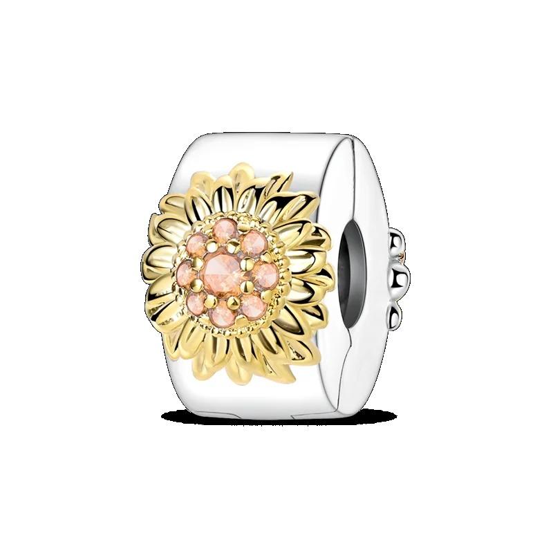 Silver Clasp 925 Silver CZ Pave Clip Charms Daisy Beads Stopper Safety Chain Fit Original Bangle Bracelet Jewelry Clip