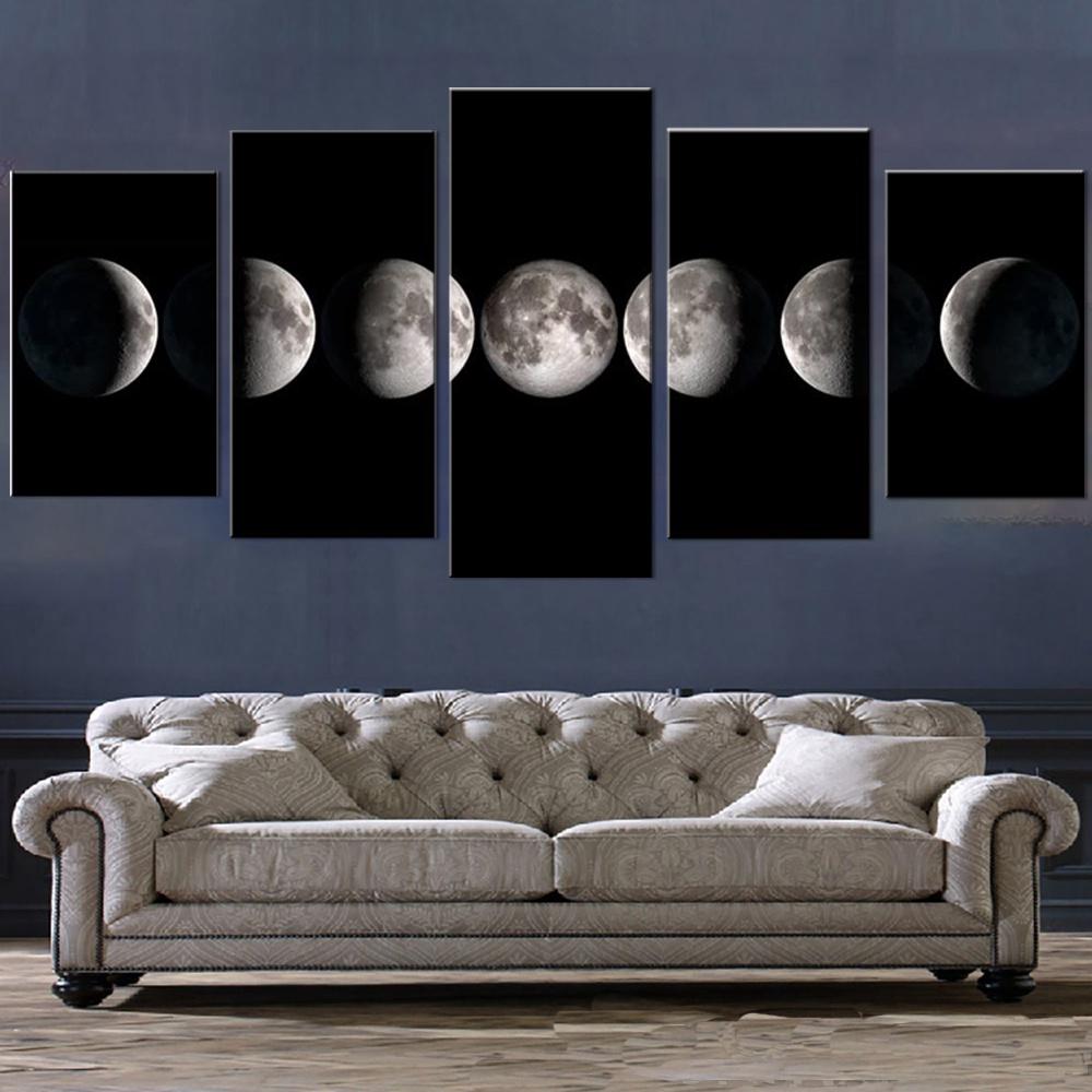 5 Pieces Poster Printed Modular Picture Canvas Painting Landscape Moon In Outerspace Wall Art For Living Room Home Decor Mural