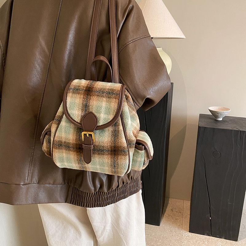 Winter new fashion woolen plaid women's double back schoolbag backpack
