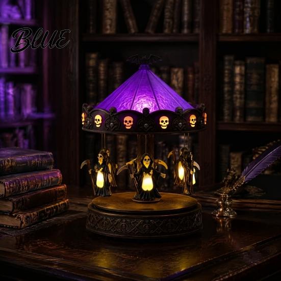 Retro Resin Table Lamp Halloween Ghost Carousel Lights Gothic Stained Glass Night Light with Copper Unique Housewarming Gift Base USB Rechargeable