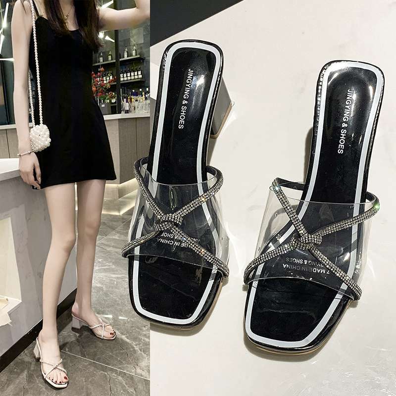 Coarse-heeled Sandals Women's 2025 New Summer High-heeled Cool Slippers Women's Outer Wear Square Head One-word Drag Korean Versio