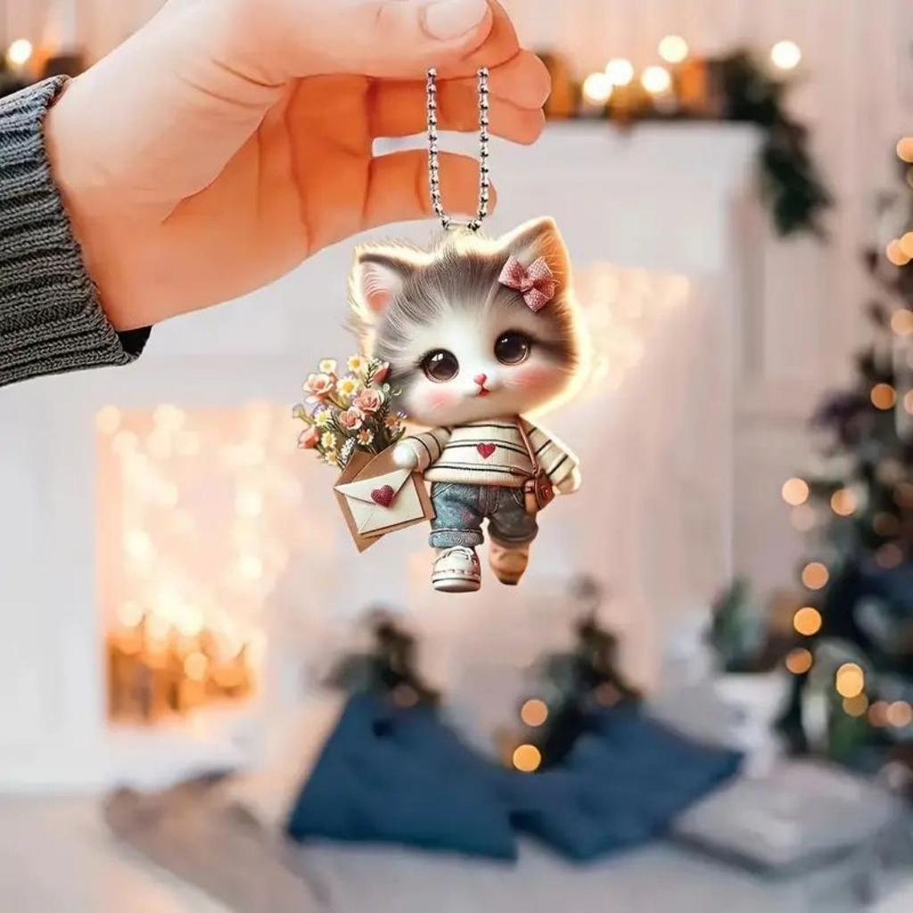 Christmas Car Pendant Cute Cat Car Decoration, Backpack Keychain Set, Unique Bag Car Decoration, Acrylic Rearview Mirror Pendant Pet