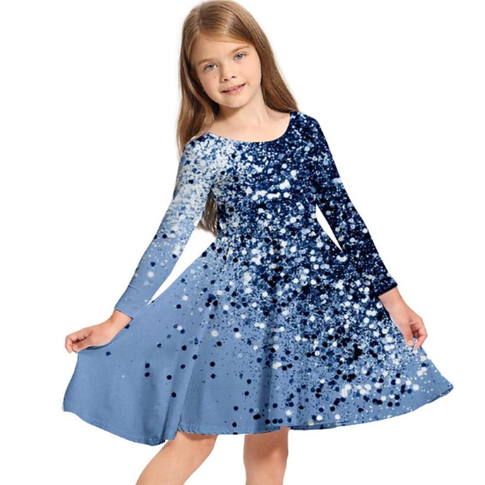 Girl Casual 3D Glitter Print Round Neck Long Sleeve Dress Kid Princess Dress 80
