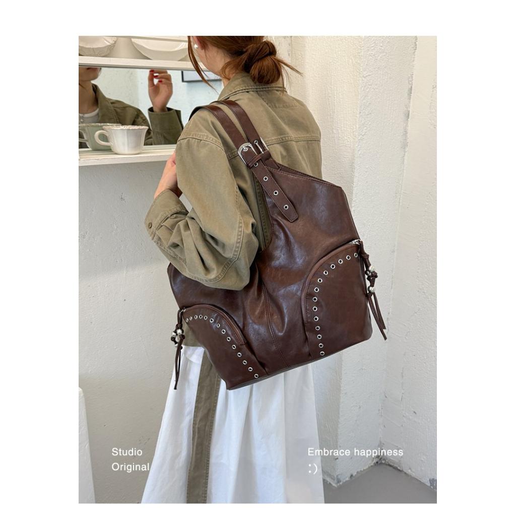 Tote Bag Women PU Single Shoulder Studded Large Capacity Multi Pocket Adjustable Strap Daily
