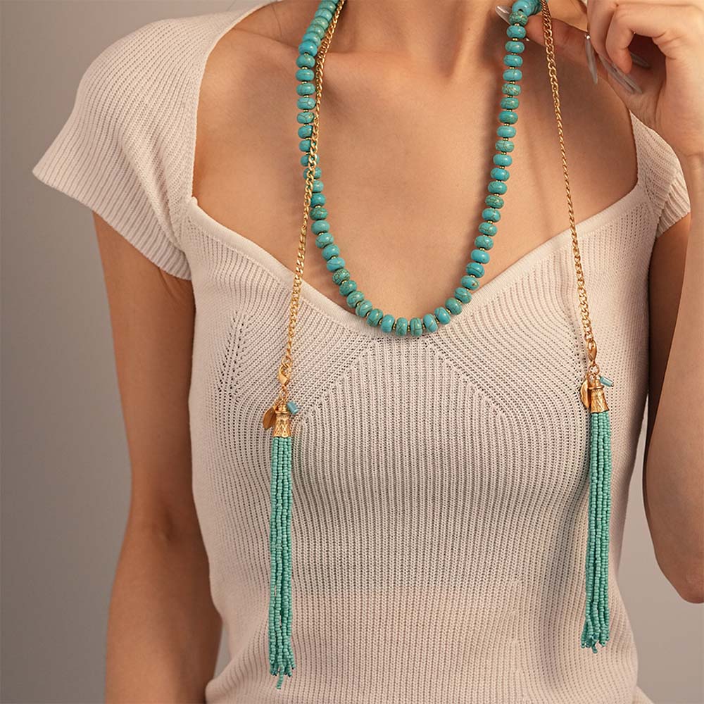 Rice Beads Bohemian Waist Chain Tassel Pendant Sweater Chain Long Turquoise Necklace  Friends Gift