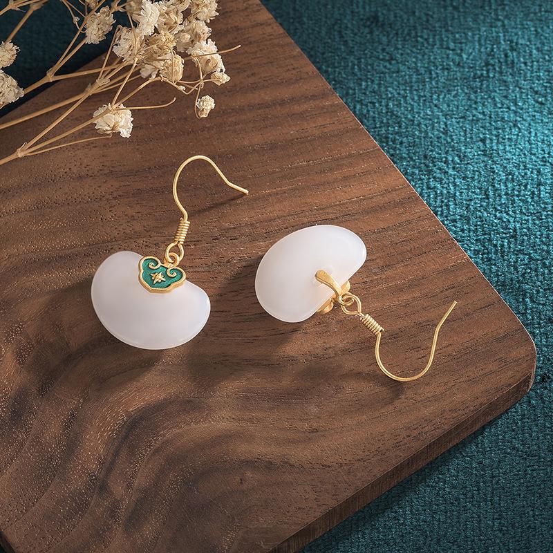Ancient Gold-Plated Auspicious Cloud Earrings with Imitation Hetian Jade