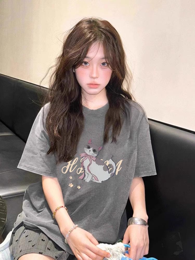 2025 Retro Cartoon Cat Cotton T-Shirt for Women - Summer Loose Fit