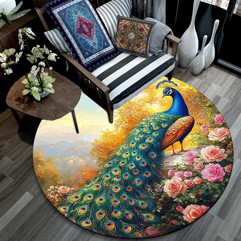 Peacock Garden Round Area Rug,Carpet Rug for Living Room Bedroom Sofa Playroom Decor,Non-slip Floor Mat