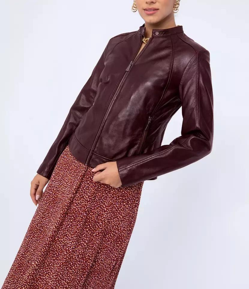 Burgunderfarbene Motorradjacke Damen Echtweiches Lammleder