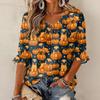 Women's Halloween Print Round Neck Tie Front Ruffle Three-Quarter Sleeve Blouse for Festive Party Wear
