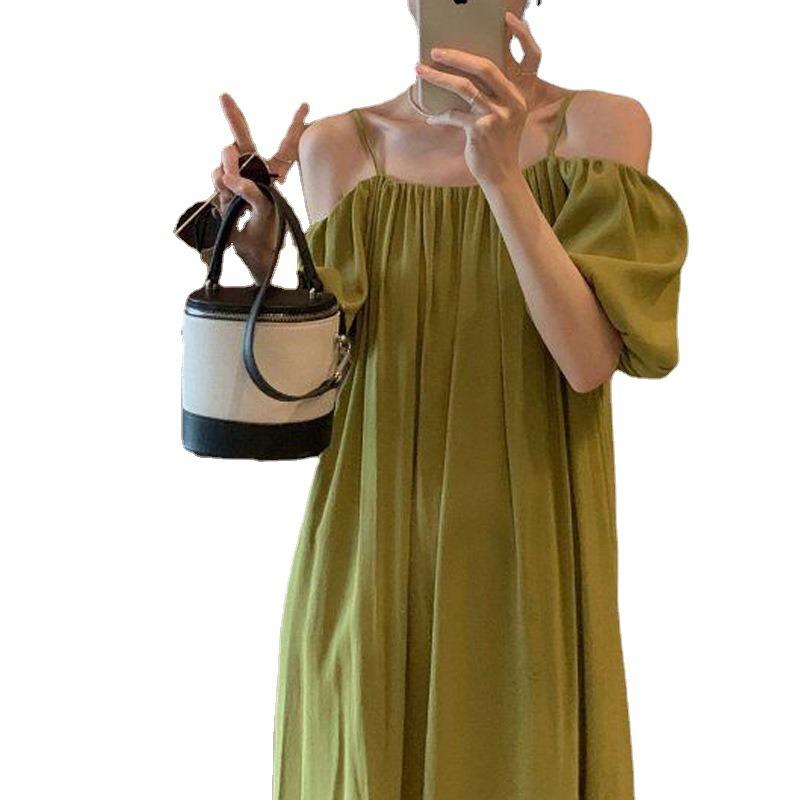 Women's Off-the-shoulder Halter Dress Summer French Line Shoulder Temperament Slimming Beach Dress