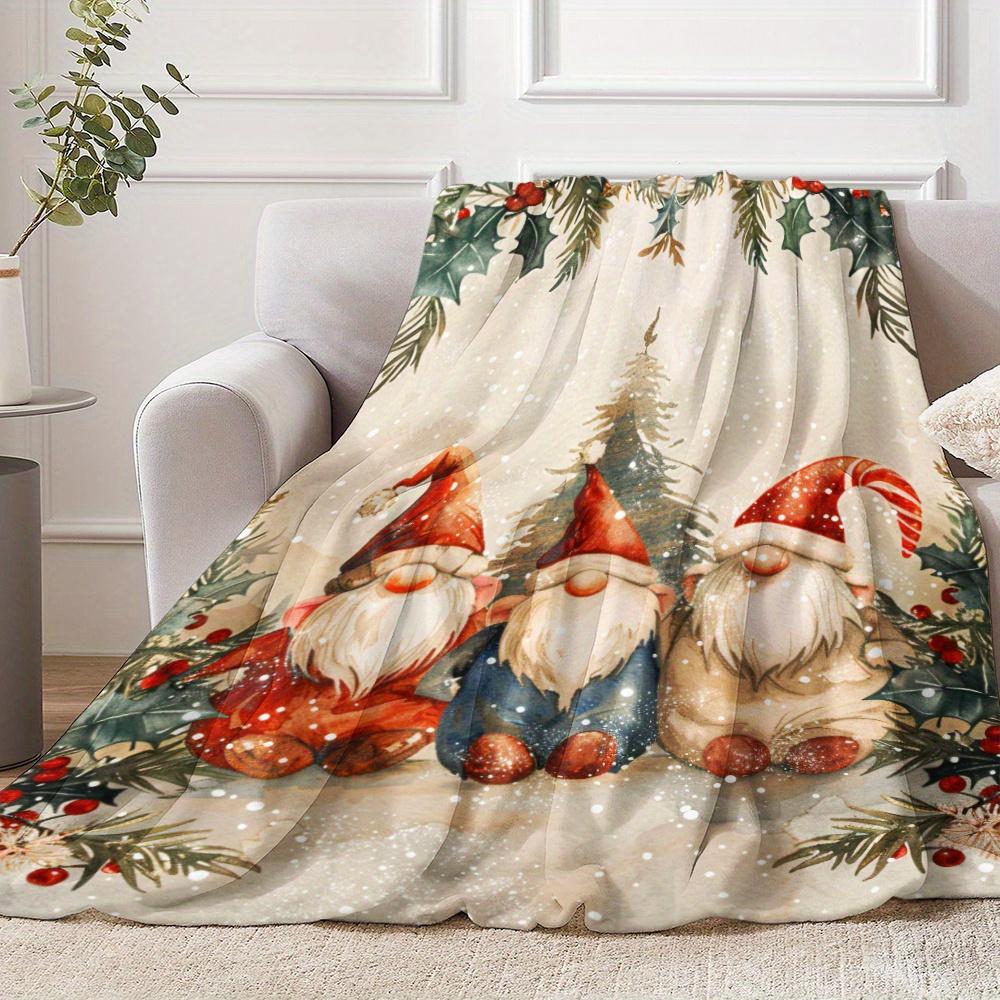 Christmas Gnome Dwarf Watercolor Print Flannel Blanket Winter Holly Soft Warm Throw Blanket Sofa Bed Xmas Home Decor Gift