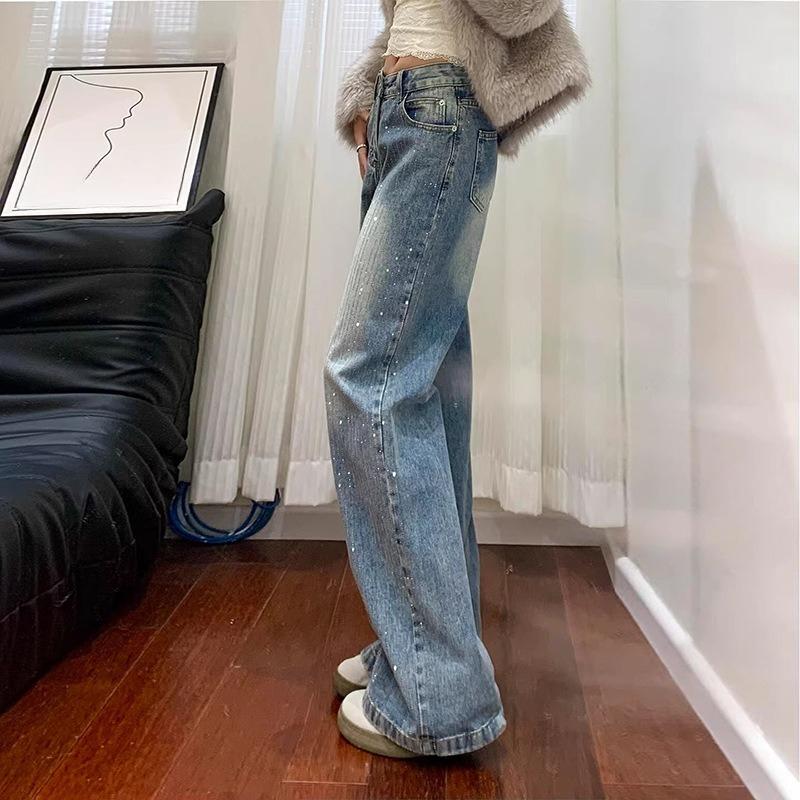 High Street Commuter Full Diamond Wide Legs High Waist Jeans Women's Spring and Autumn Skinny Loose Fashion Mopping Jeans