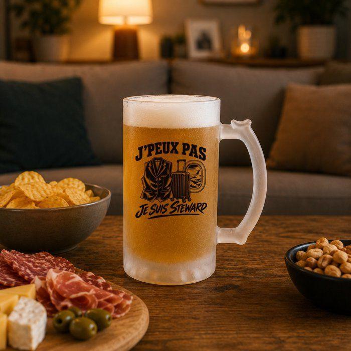 Chope à bière - PLANETEE - J'peux pas je suis Steward - Givré - Verre trempé 470 ml - Cylindrique