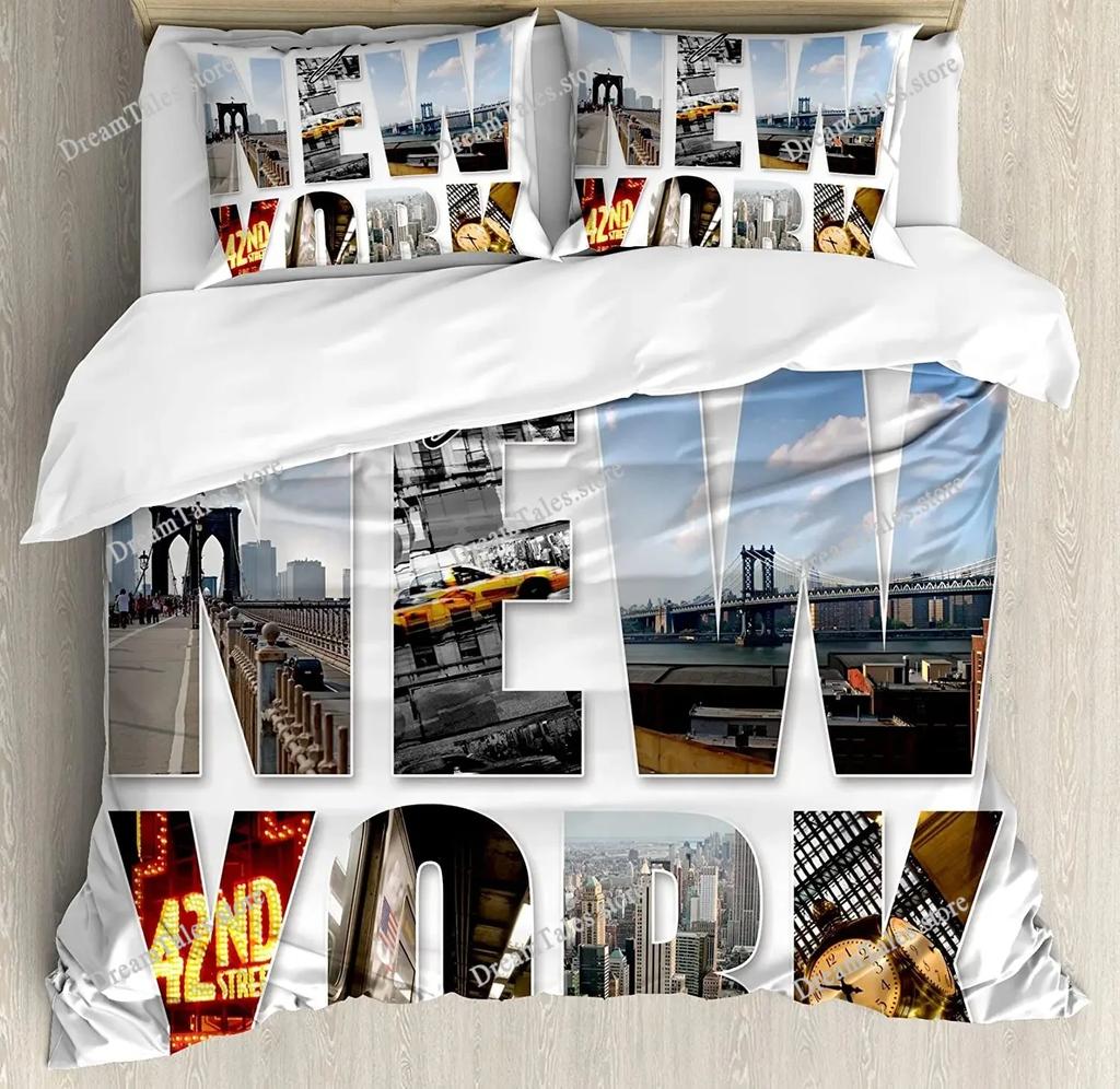 Bedding Set Business City Scenery New York Black and White Duvet Cover Pillow Case Boy Kid Teen Girl Bedding Covers Set