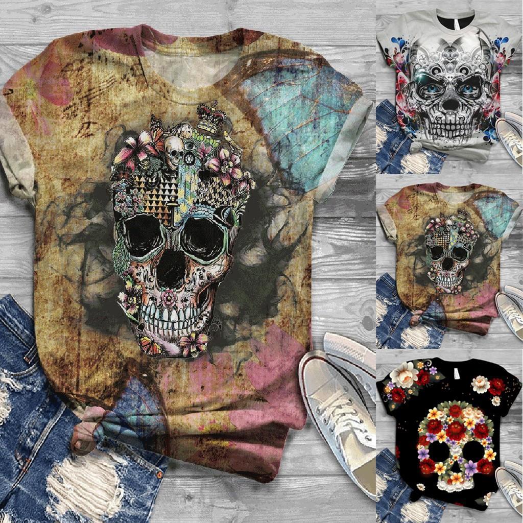 Summer Round Neck 3D Skull Print Top Fashionable Casual Short Sleeved Women's T-shirts