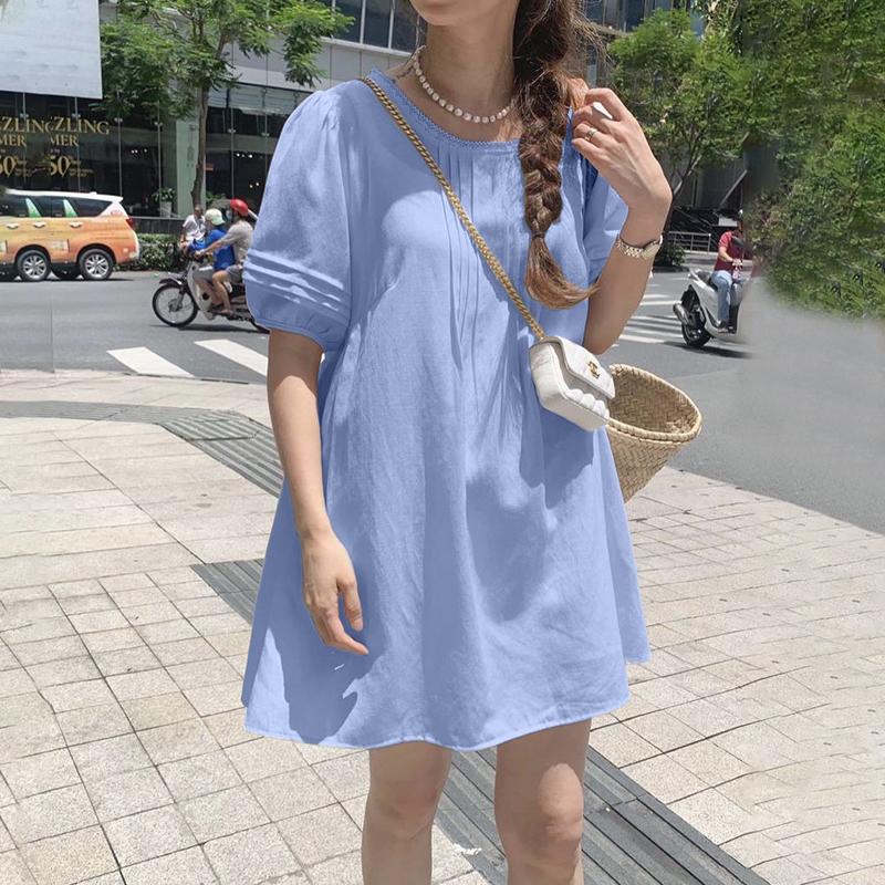 ZANZEA Women Casual Round Neck Summer Short Sleeve Dress