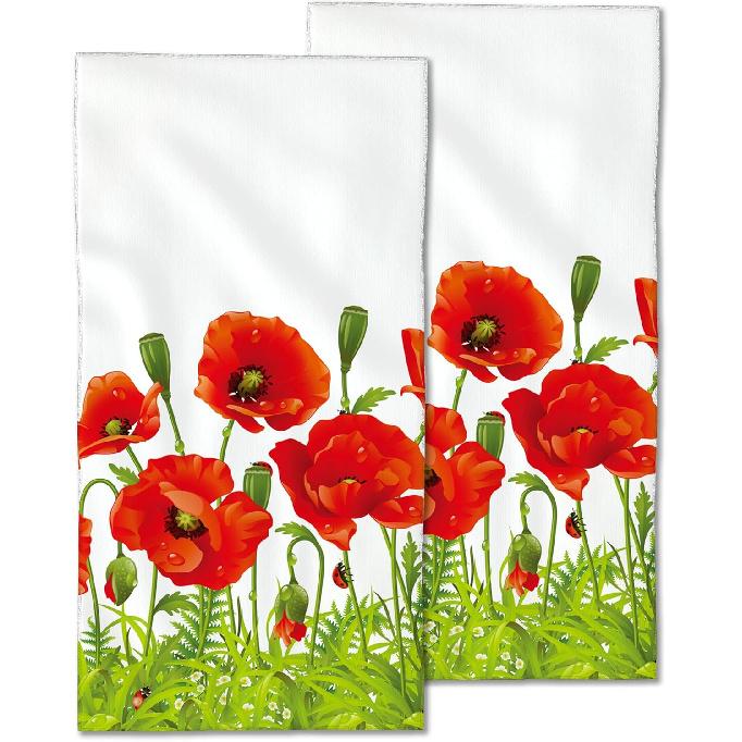 Набор из 2 полотенец для рук для ванной, Декоративные полотенца в стиле бохо с изображением луны и солнца, Высокоабсорбирующие, Мягкие полотенца для ванной, пляжа, кухни, спа, спортзала, Полотенце для лица Red Poppy Flowers