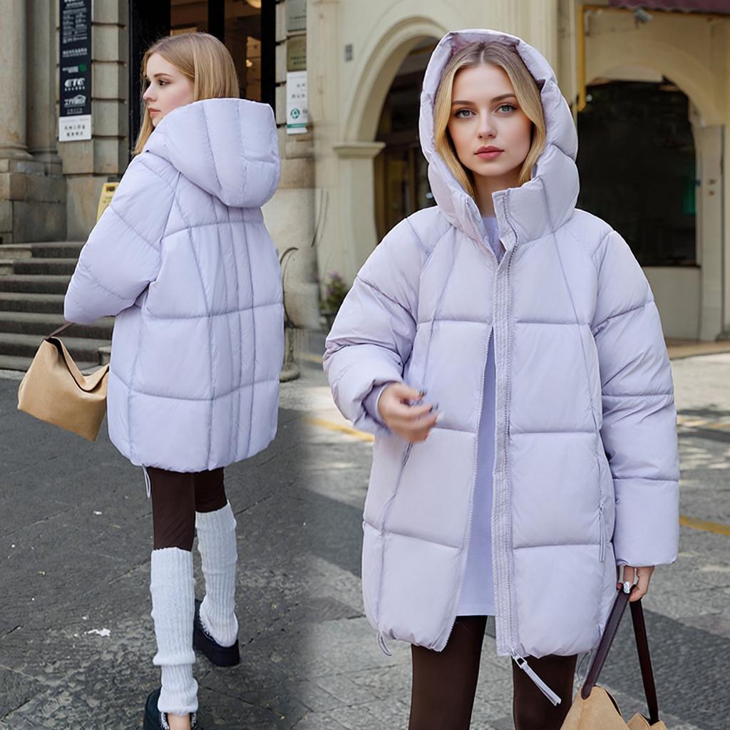 Fashionable Down Cotton Mid-length Cotton Coat for Women with Hooded Skirt and Thickened Cotton Coat