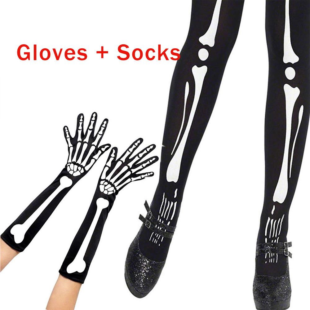 Geisterfest Skelett Kostüm Zubehör Skelett-Print Kniehohe Socken Und Lange Handschuhe Leuchtendes Muster Halloween Set