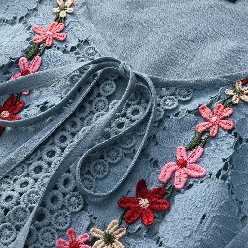 Summer Women Casual Solid Shirt Linen Stitching Lace Flower V-neck Loose Blouse Elegant Holiday Shirts