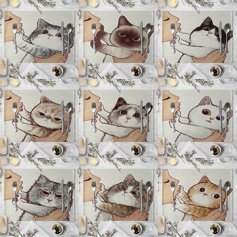 40x30cm Linen Cat Print Table Mat Cute Cat Cartoon Animal Pattern Placemats For Children Kids Kitchen Dining Place Mats Pads