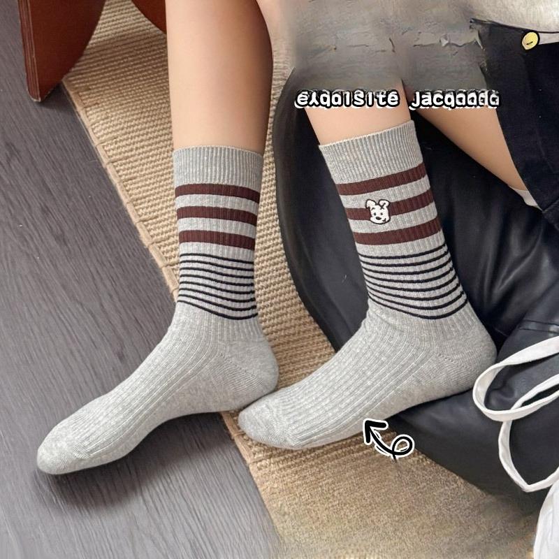 Embroidered Dog Academy Style Socks for Women, Spring and Autumn, Striped Mid-calf Cotton Socks, Retro Boneless Long Socks