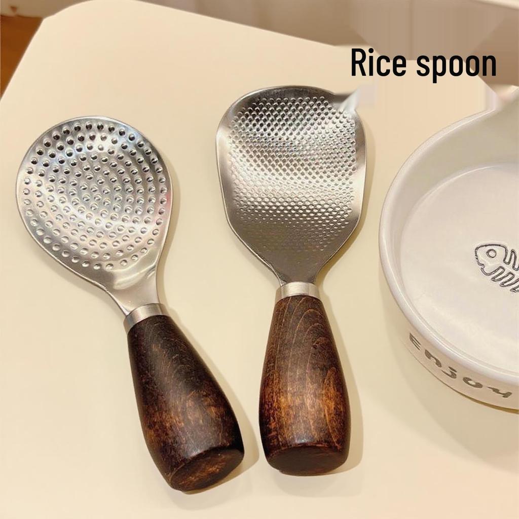 304 Stainless Steel Non-Stick Rice Spoon with Wooden Handle, Standable Design for Home Use