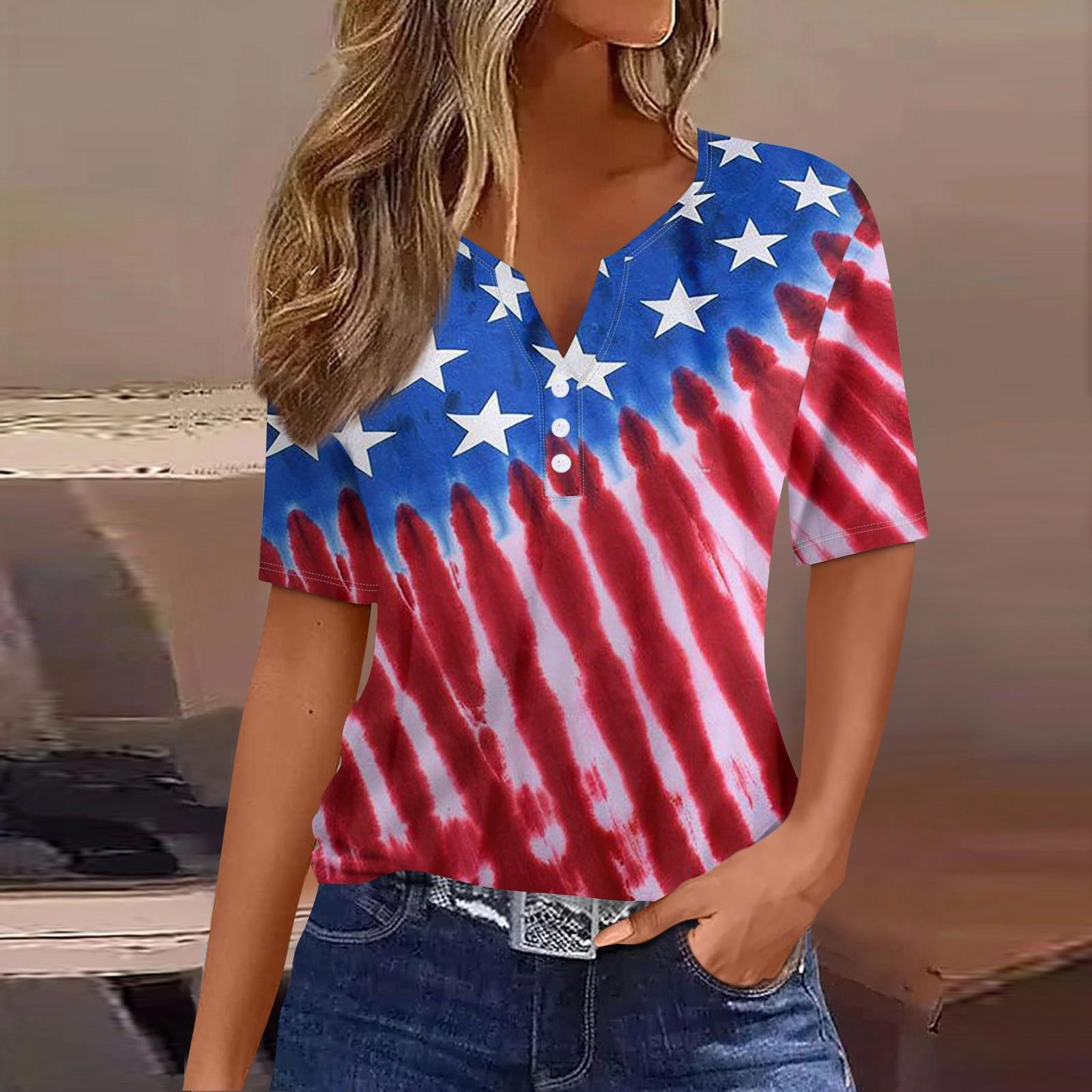 

Жен. Футболка Футболка День независимости С принтом Пуговицы С короткими рукавами Повседневные Выходные Мода Классический Классический V-образный вырез Обычный Топ XL винный