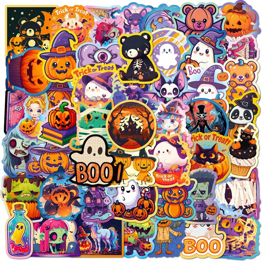 

50pcs Halloween Graffiti Stickers, Pumpkin Bat Castle Dark Cute Ghost Cartoon Stickers, Water Cup Luggage Decoration Stickers, 9x9x2CM