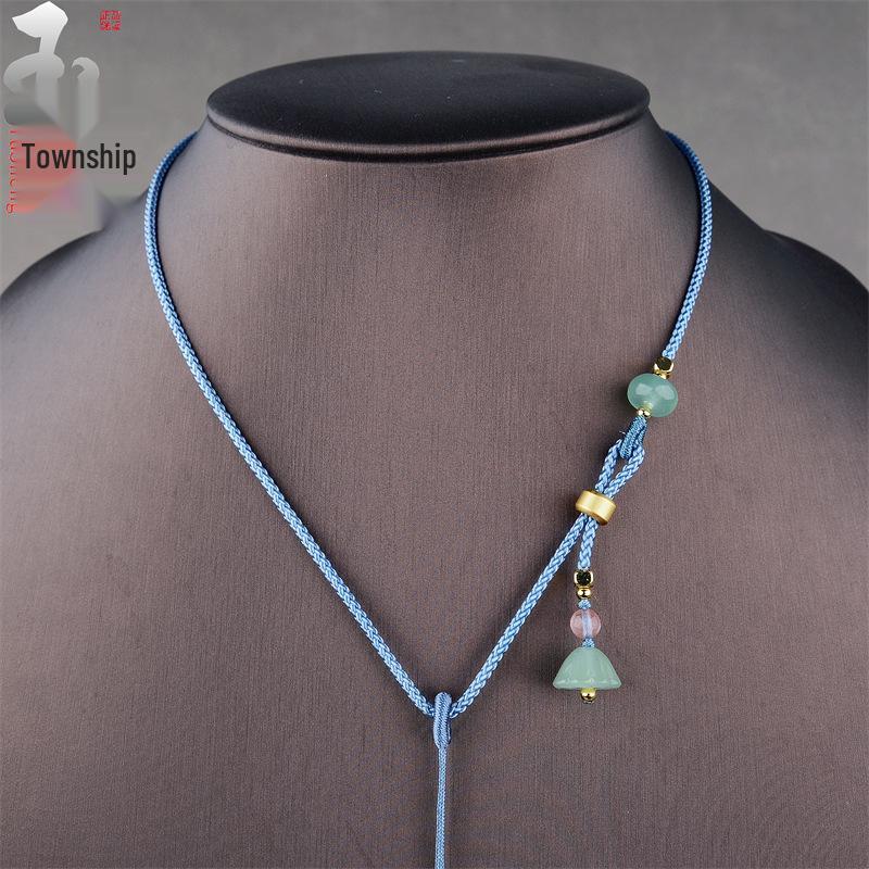 Handmade Jade Agate Pendant Necklace with Braided Rope and Lotus Pod