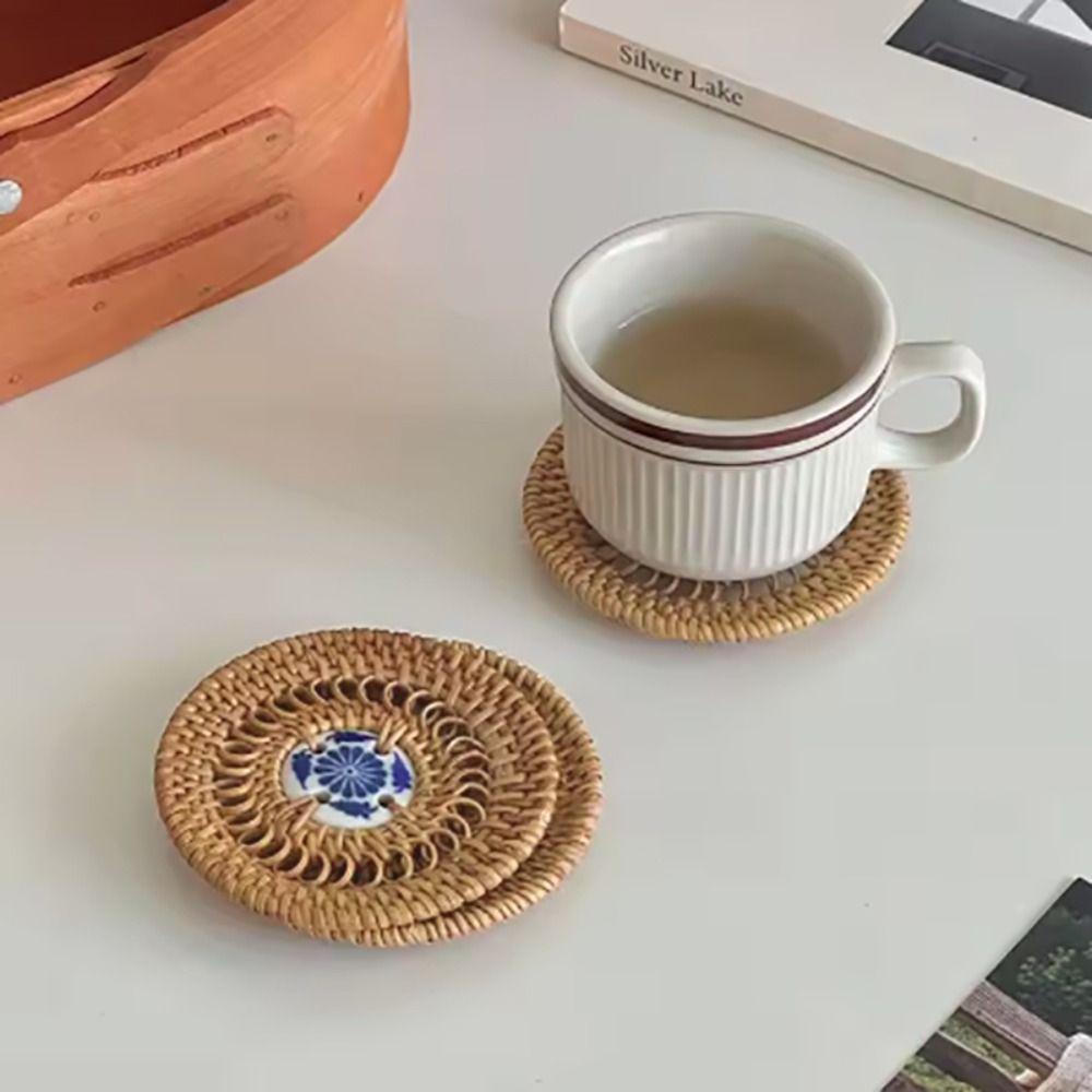 Handmade Vietnamese Rattan Ceramic Coaster Rattan Weaving Drink Cup Mat Teacup Mat  Craft