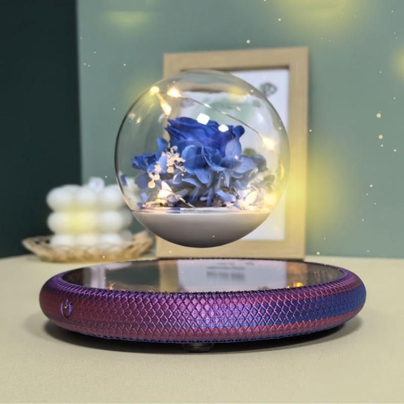 Magnetic Levitating Preserved Flower with Purple Base, 360° Free Rotation, Home Decoration Birthday Gift Valentine's Day Gift