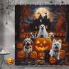 Halloween Dogs Shower Curtain Spooky Castle Funny Puppy Ghost Orange Pumpkins Maple Tree Full Moon Forest Bats Haunted House