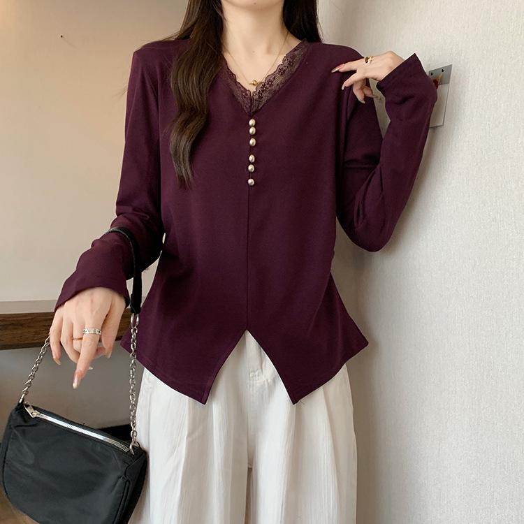 

Plus Size Women s Lace Ruffle Long Sleeve Top with Brushed Lining 2XL темно-фіолетовий колір