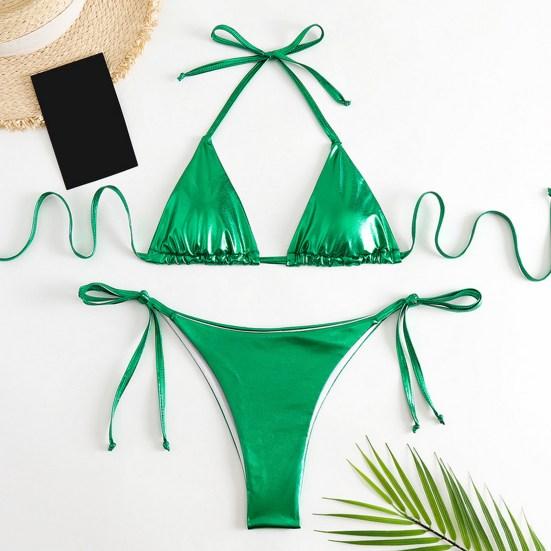 2Pcs/Set Women Sexy Bikini Set Bronzing Surface Halter Bra Lace-up Briefs Set Quick Drying Swimsuit Beachwear