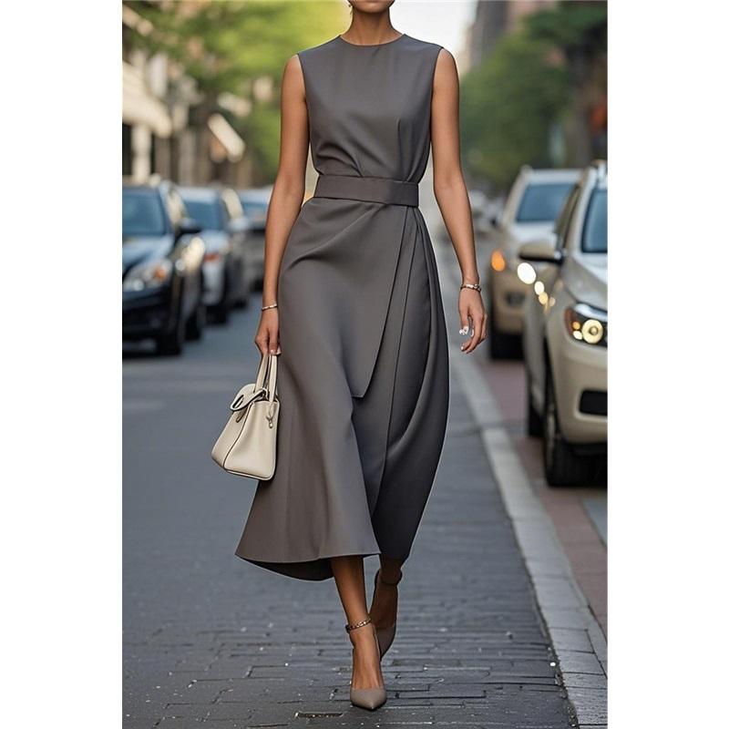 Vestido Casual Largo de Color Sólido sin Mangas con Cuello Redondo para Mujer