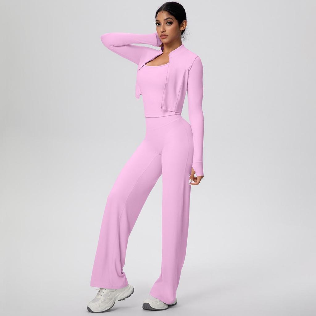 Women's High-Waisted Yoga Set: I-Beam Vest, Wide-Leg Pants, Skin-Friendly Sports Zipper Jacket
